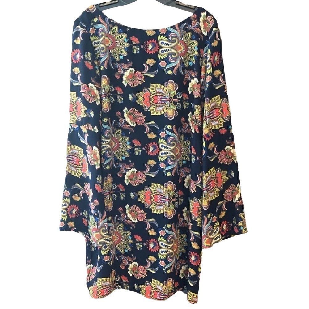 Renn SZ S BOHO Blue Floral Relaxed Fit Bell Sleeve Open Back Evening Dress